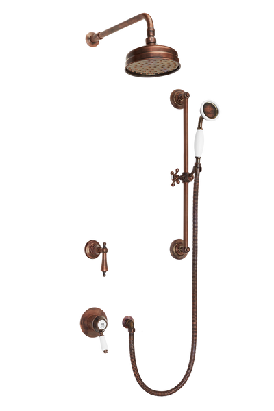 Traditional Concealed Shower System Arm Rose Diverter & Flexible Kit - Porcelain Levers