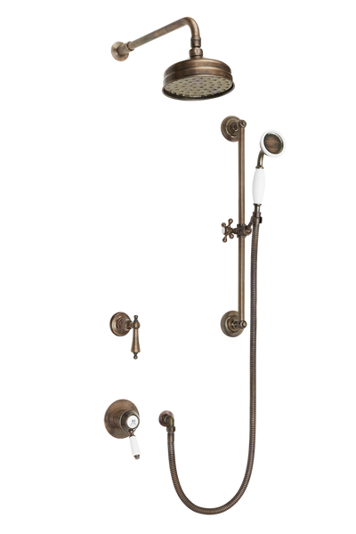Traditional Concealed Shower System Arm Rose Diverter & Flexible Kit - Porcelain Levers