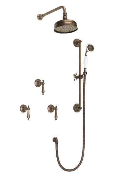 Art Deco Shower System With Arm Rose Diverter & Slide Bar Handshower - Cross Handles