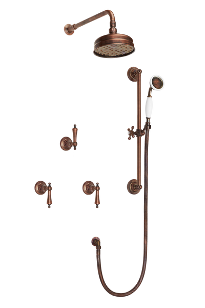 Art Deco Shower System With Arm Rose Diverter & Slide Bar Handshower - Cross Handles