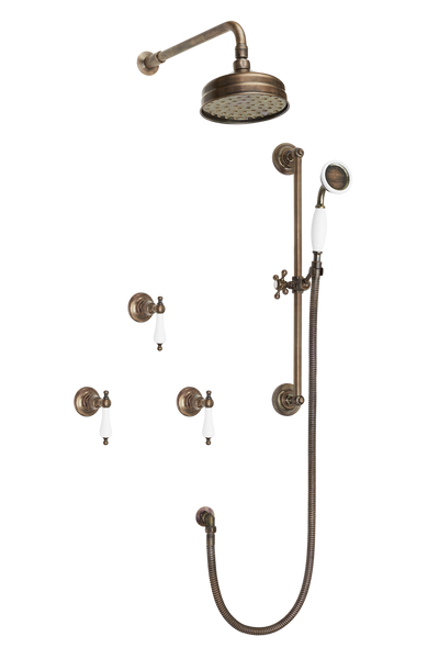 Art Deco Shower System With Arm Rose Diverter & Slide Bar Handshower - Metal Levers