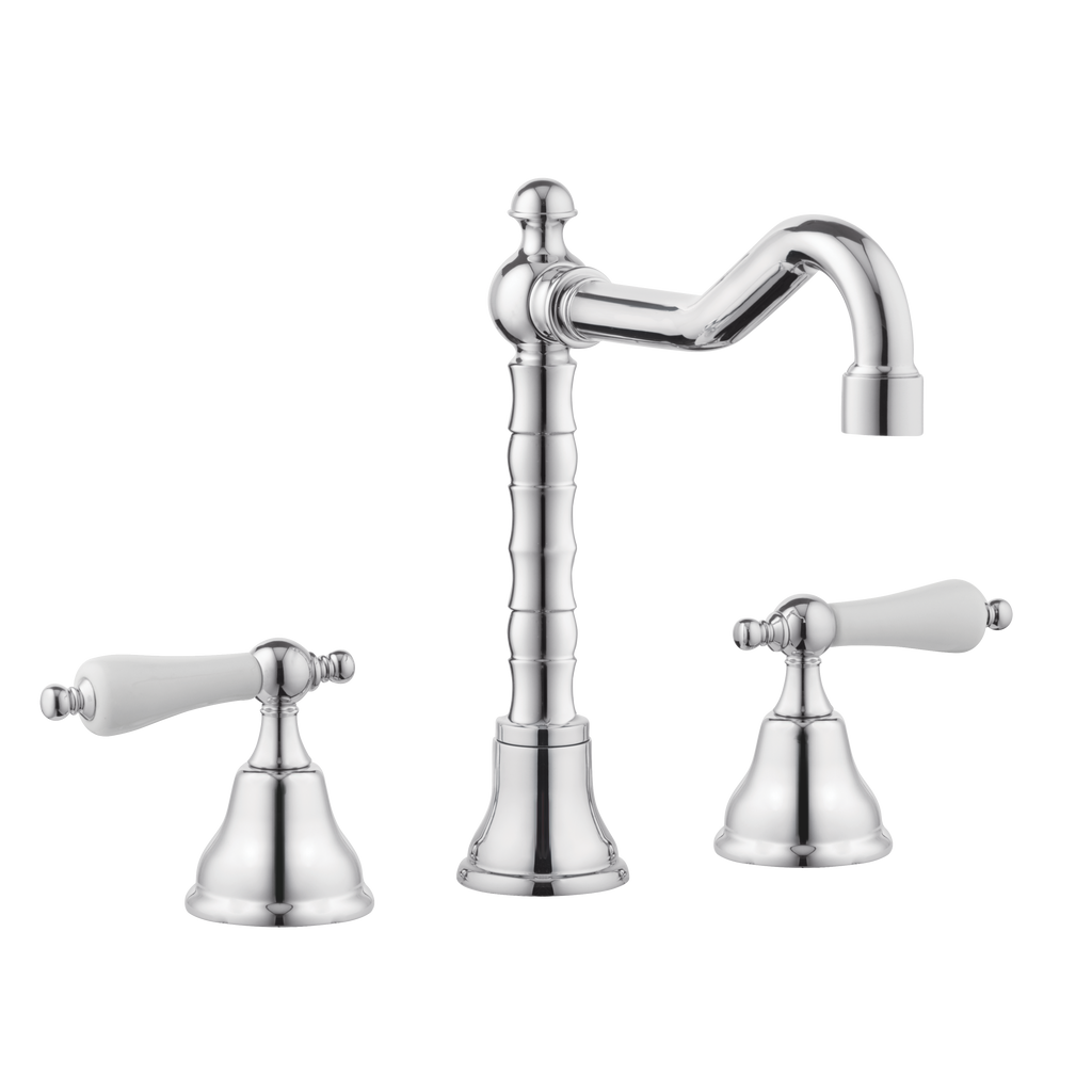 Art Deco Bathroom Taps - Low Level Spout - Porcelain Levers