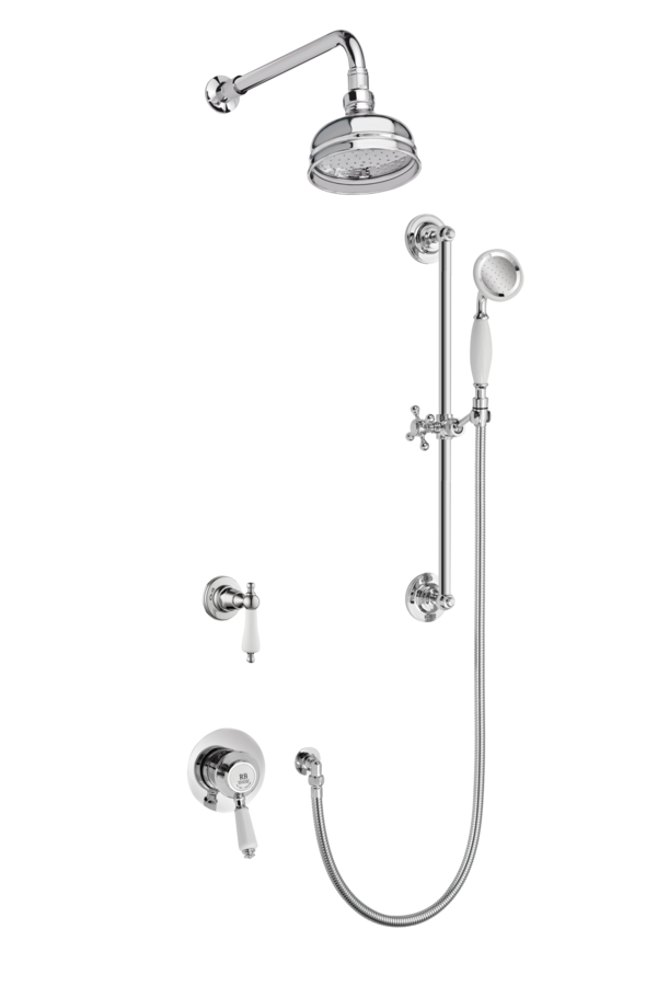 Traditional Concealed Shower System Arm Rose Diverter & Flexible Kit - Porcelain Levers