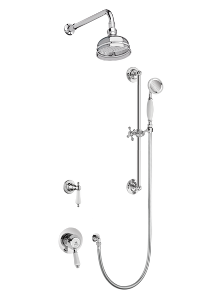 Traditional Concealed Shower System Arm Rose Diverter & Flexible Kit - Porcelain Levers