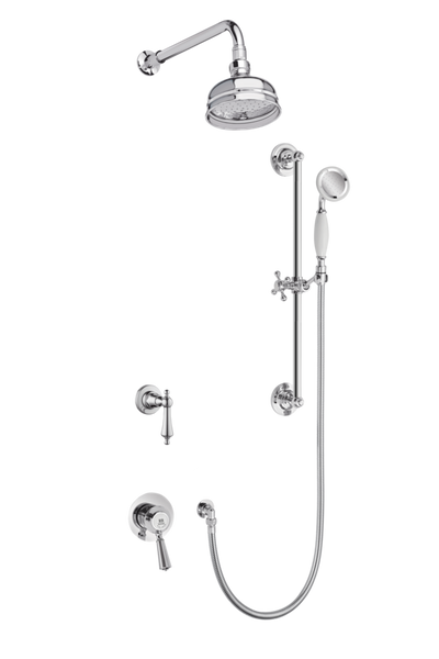 Traditional Concealed Shower System Arm Rose Diverter & Flexible Kit - Porcelain Levers