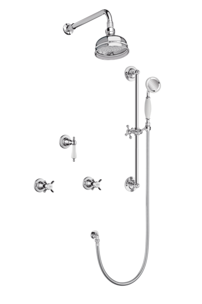 Art Deco Shower System With Arm Rose Diverter & Slide Bar Handshower - Porcelain Levers