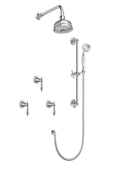 Art Deco Shower System With Arm Rose Diverter & Slide Bar Handshower - Metal Levers