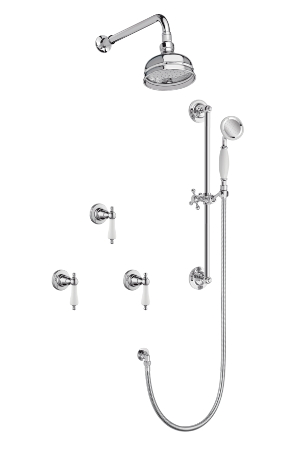 Art Deco Shower System With Arm Rose Diverter & Slide Bar Handshower - Metal Levers