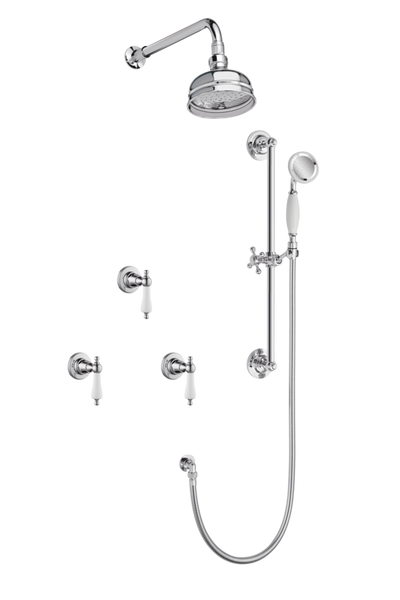 Art Deco Shower System With Arm Rose Diverter & Slide Bar Handshower - Cross Handles