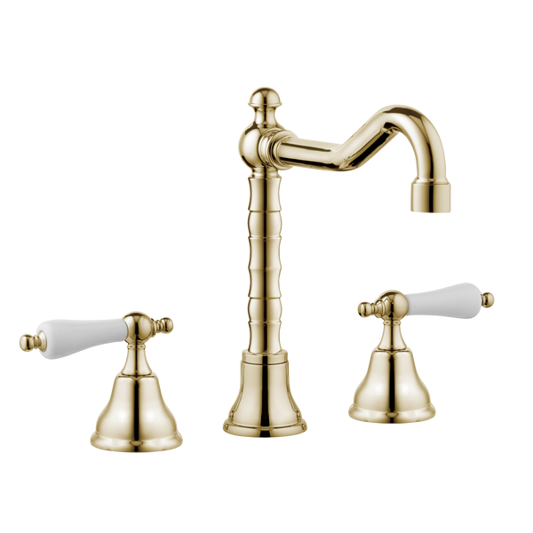 Art Deco Bathroom Taps - Low Level Spout - Porcelain Levers