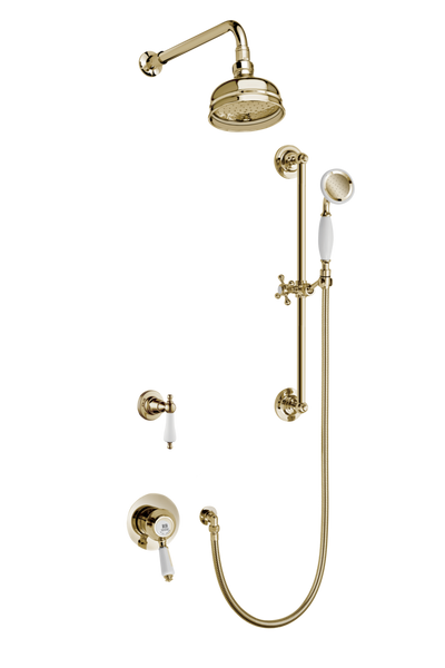 Traditional Concealed Shower System Arm Rose Diverter & Flexible Kit - Porcelain Levers