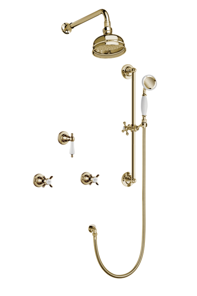 Art Deco Shower System With Arm Rose Diverter & Slide Bar Handshower - Cross Handles