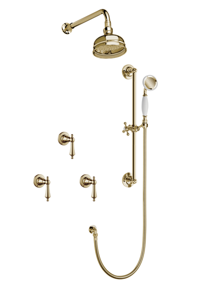 Art Deco Shower System With Arm Rose Diverter & Slide Bar Handshower - Porcelain Levers