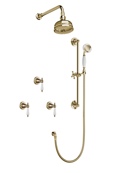 Art Deco Shower System With Arm Rose Diverter & Slide Bar Handshower - Porcelain Levers