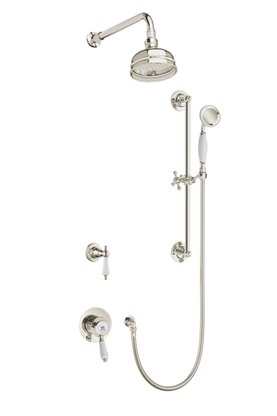 Traditional Concealed Shower System Arm Rose Diverter & Flexible Kit - Porcelain Levers