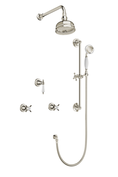 Art Deco Shower System With Arm Rose Diverter & Slide Bar Handshower - Porcelain Levers