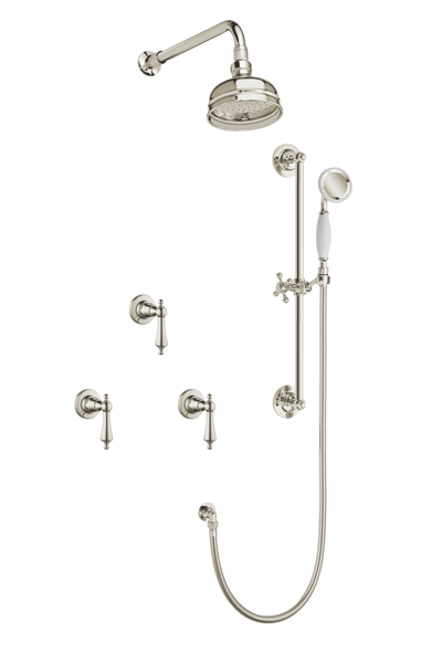 Art Deco Shower System With Arm Rose Diverter & Slide Bar Handshower - Cross Handles