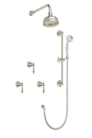 Art Deco Shower System With Arm Rose Diverter & Slide Bar Handshower - Metal Levers