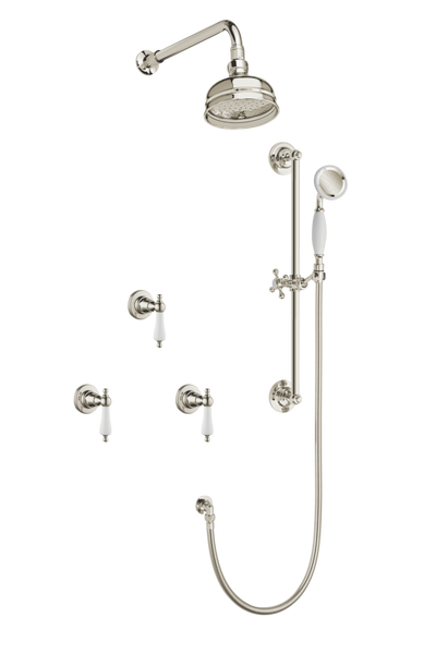 Art Deco Shower System With Arm Rose Diverter & Slide Bar Handshower - Cross Handles