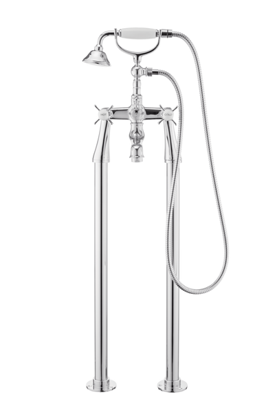 Traditional Bath Shower Mixer On Pipe Stands - Porcelain Levers