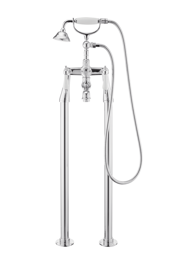 Traditional Bath Shower Mixer On Pipe Stands - Porcelain Levers