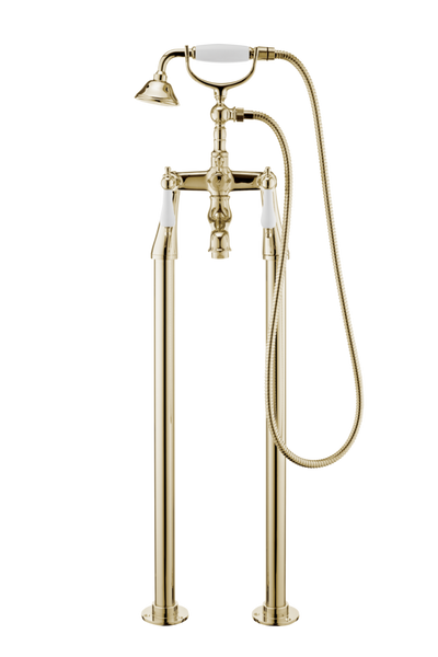 Traditional Bath Shower Mixer On Pipe Stands - Porcelain Levers