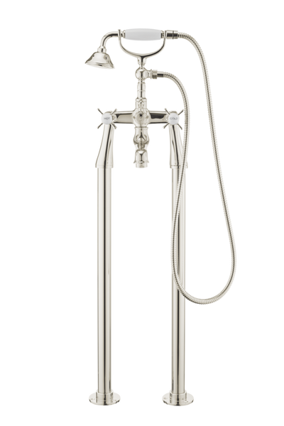 Traditional Bath Shower Mixer On Pipe Stands - Porcelain Levers