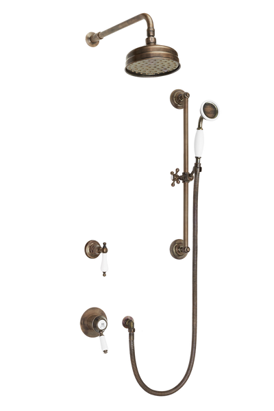 Traditional Concealed Shower System Arm Rose Diverter & Flexible Kit - Porcelain Levers