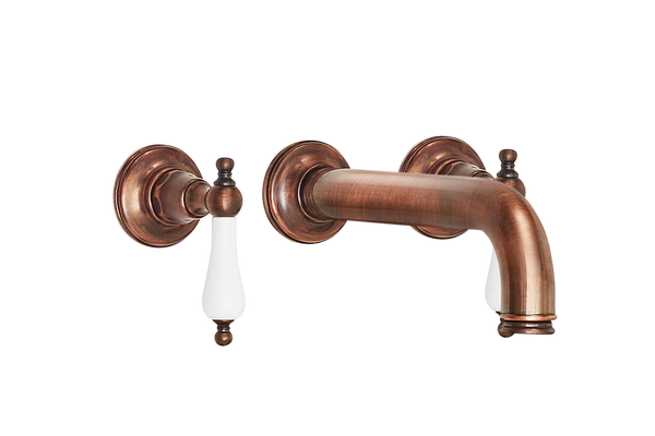 Wall Three Hole Lever Taps With Bath Spout - Porcelain Levers Gold / Porcelain Levers