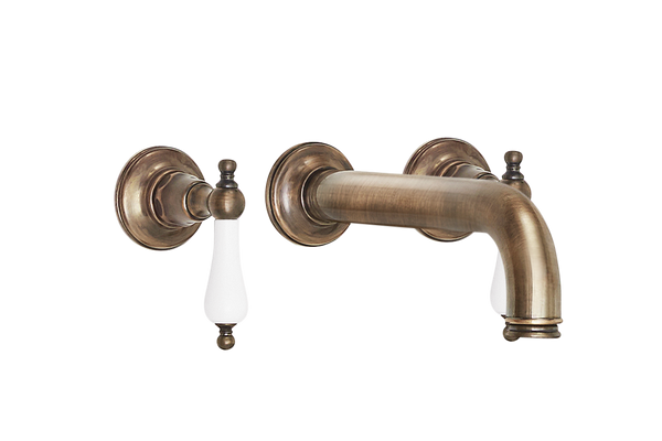 Wall Three Hole Lever Taps With Bath Spout - Porcelain Levers Gold / Porcelain Levers