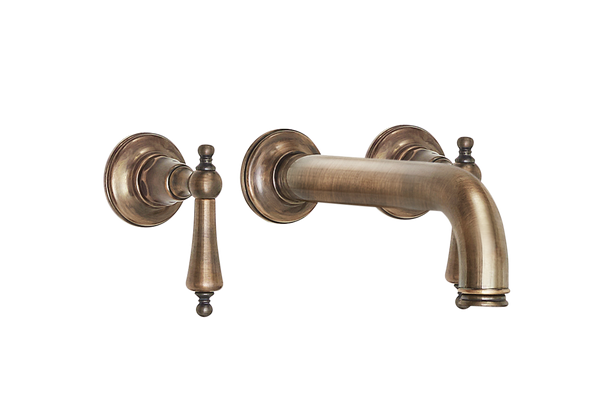 Wall Three Hole Lever Taps With Bath Spout - Porcelain Levers Gold / Porcelain Levers