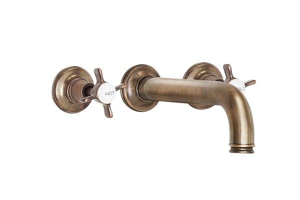 Wall Three Hole Lever Taps With Bath Spout - Porcelain Levers Gold / Porcelain Levers