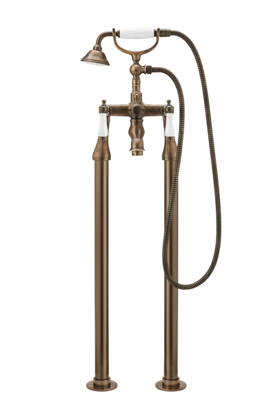 Traditional Bath Shower Mixer On Pipe Stands - Porcelain Levers