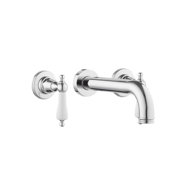 Wall Three Hole Lever Taps With Bath Spout - Porcelain Levers Gold / Porcelain Levers