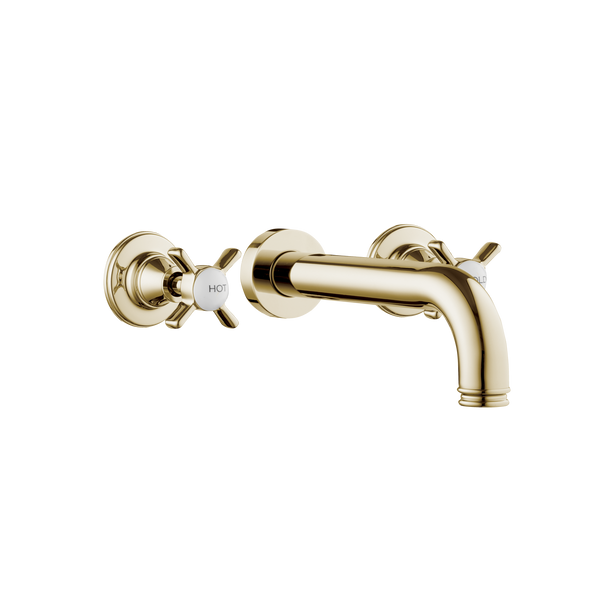 Wall Three Hole Lever Taps With Bath Spout - Porcelain Levers Gold / Porcelain Levers