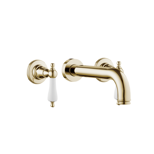 Wall Three Hole Lever Taps With Bath Spout - Porcelain Levers Gold / Porcelain Levers